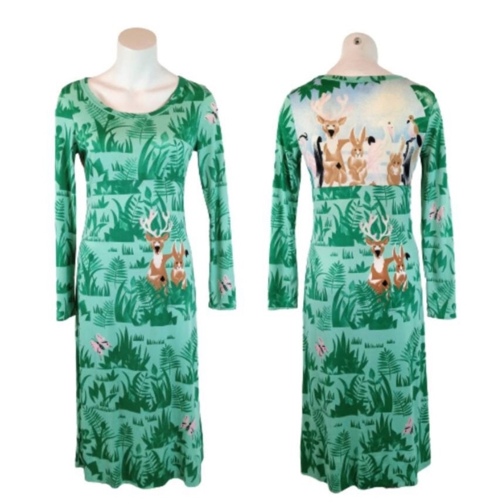 70s Gene Berk GB3 Maggie Print Flora Fauna Woodland Green Midi Sheath Dress S/M